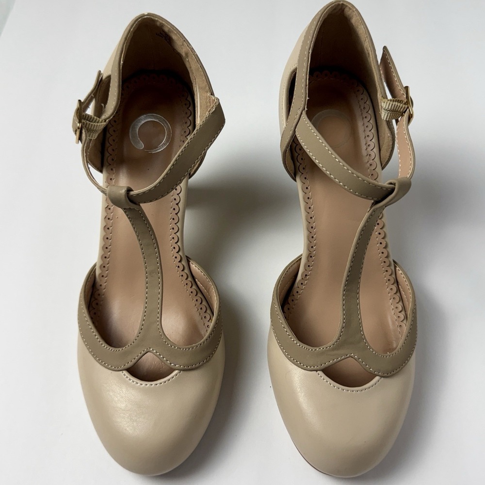 Journee Collection Olina Women’s Size 6 Nude T-Strap Block Heel Pumps retro